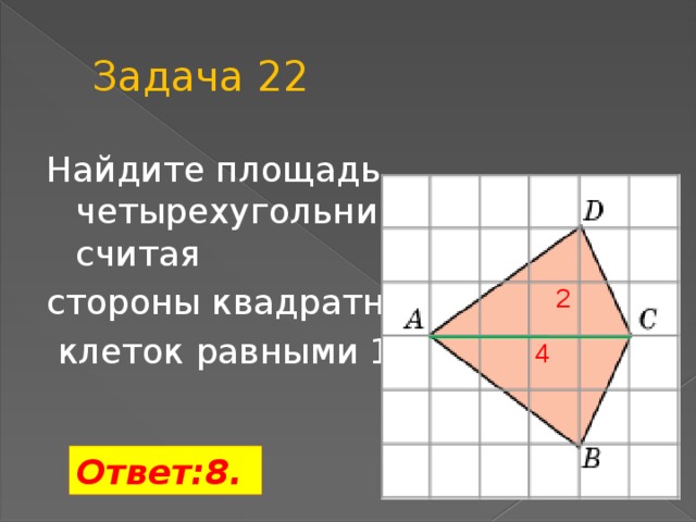Задача 22 Найдите площадь четырехугольника ABCD , считая стороны квадратных  клеток равными 1. 2 4 Ответ:8.