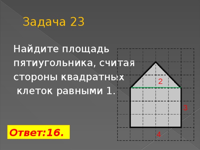 Задача 23 Найдите площадь пятиугольника, считая стороны квадратных  клеток равными 1. 2 3 Ответ:16. 4