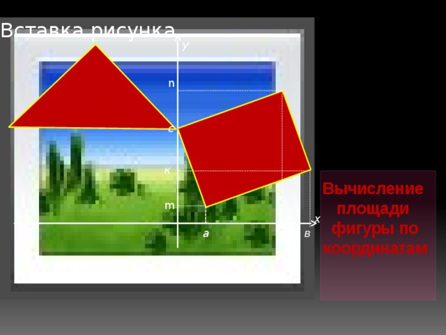 Вставка рисунка у n с к Вычисление площади фигуры по координатам m х в а d