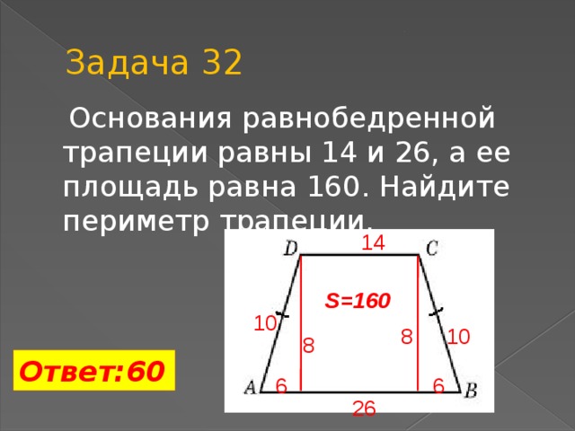 Задача 32  Основания равнобедренной трапеции равны 14 и 26, а ее площадь равна 160. Найдите периметр трапеции.   14 S=160 10 8 10 8 Ответ:60 6 6 26