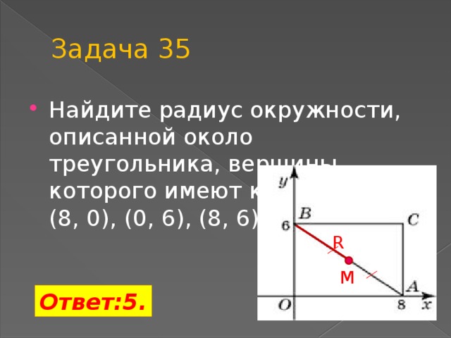 Задача 35 Найдите радиус окружности, описанной около треугольника, вершины которого имеют координаты  (8, 0), (0, 6), (8, 6).   R M Ответ:5.