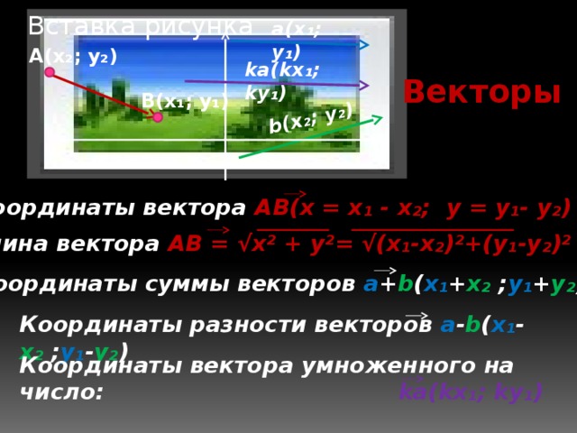 b(х ₂ ; у ₂ ) Вставка рисунка а(х ₁ ; у ₁ ) А(х₂; у₂) kа(kх ₁ ; kу ₁ ) Векторы В(х₁; у₁) Координаты вектора АВ(х = х ₁ - х ₂ ; у = у ₁ - у ₂ ) Длина вектора АВ = √х² + у²= √(х₁-х₂)²+(у₁-у₂)² Координаты суммы векторов а + b ( х₁ + х₂ ; у₁ + у₂ ) Координаты разности векторов а - b ( х₁ - х₂ ; у₁ - у₂ )  Координаты вектора умноженного на число: kа(kх ₁ ; kу ₁ )