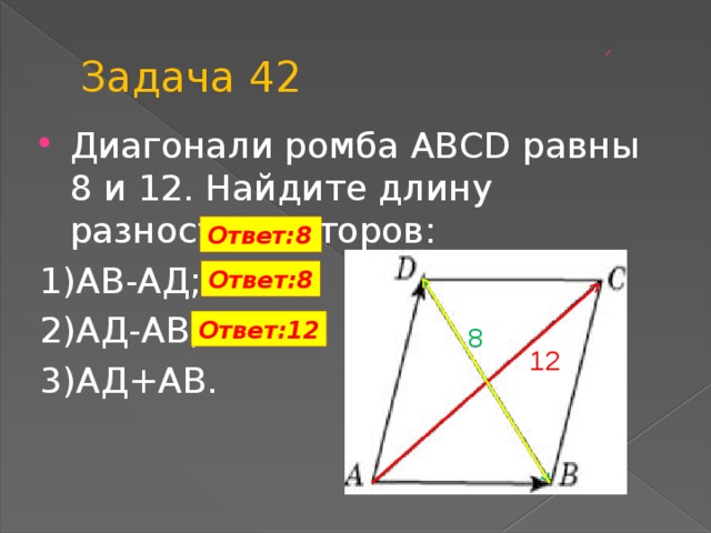Задача 42 Диагонали ромба ABCD равны 8 и 12. Найдите длину разности векторов: 1)АВ-АД; 2)АД-АВ; 3)АД+АВ. . Ответ:8 Ответ:8 Ответ:12 8 12
