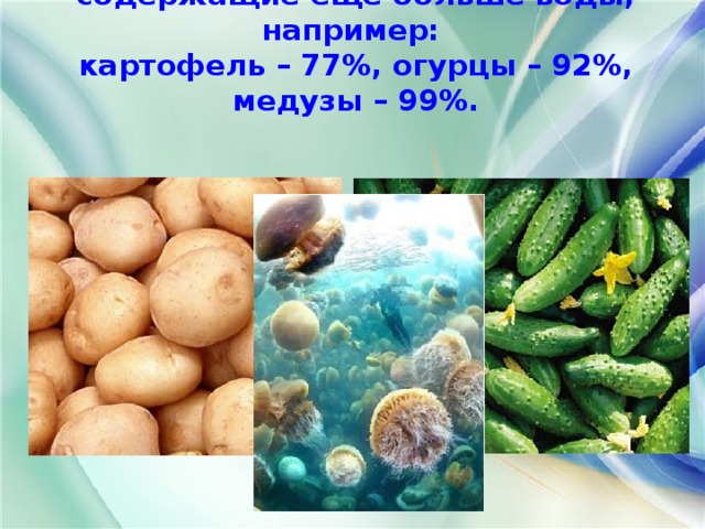 Есть живые организмы, содержащие ещё больше воды, например:  картофель – 77%, огурцы – 92%, медузы – 99%.