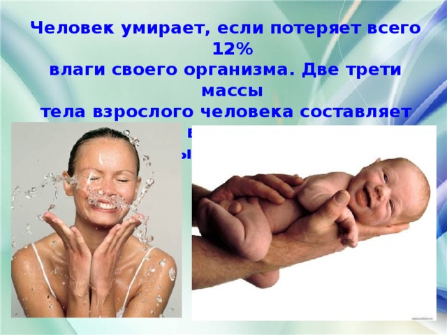 Человек умирает, если потеряет всего 12% влаги своего организма. Две трети массы тела взрослого человека составляет вода, а у новорождённых ещё больше – до ¾.