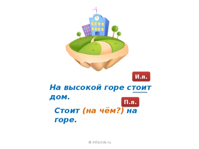 И.п. На высокой горе стоит дом. П.п. Стоит (на чём?) на горе. © InfoUrok.ru