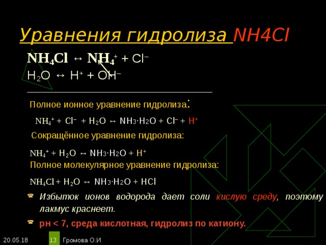 Уравнения гидролиза NH4Cl NH 4 Cl ↔ NH 4 + + С l – Н 2 O ↔ Н + + ОН – _________________________________________  Полное ионное уравнение гидролиза :   NH 4 + + С l –   + Н 2 O ↔ NH 3 ·H 2 О + С l – + Н +  Сокращённое уравнение гидролиза:  NH 4 + + Н 2 O ↔ NH 3 ·H 2 О + Н +  Полное молекулярное уравнение гидролиза:  NH 4 Cl  + Н 2 O ↔ NH 3 ·H 2 О + НС l Избыток ионов водорода дает соли кислую среду , поэтому лакмус краснеет. рн  7, среда кислотная, гидролиз по катиону.    20.05.18 Громова О.И