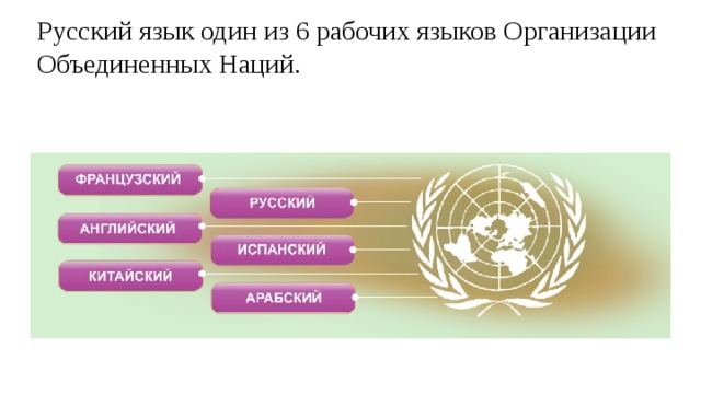 Русский язык один из 6 рабочих языков Организации Объединенных Наций.