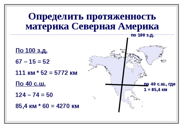 Определить протяженность материка Северная Америка по  100 з.д. По 100 з.д. 67 – 15 = 52 111 км * 52 = 5772 км По 40 с.ш. 124 – 74 = 50 85,4 км * 60 = 4270 км по 40 с.ш., где 1 = 85,4 км