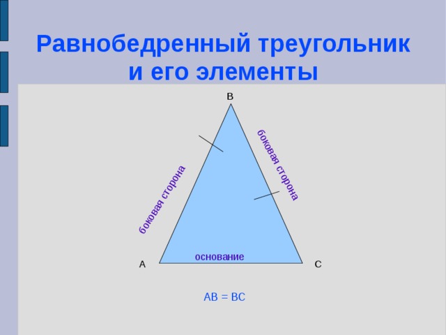 боковая сторона боковая сторона Равнобедренный треугольник и его элементы В основание А С АВ = ВС