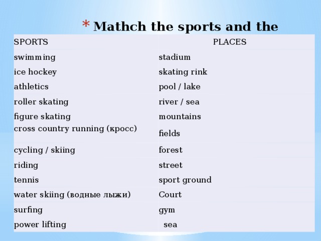 Mathch the sports and the places