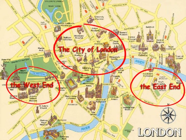It consists of three parts:  the City of London, the West End  and the East End.