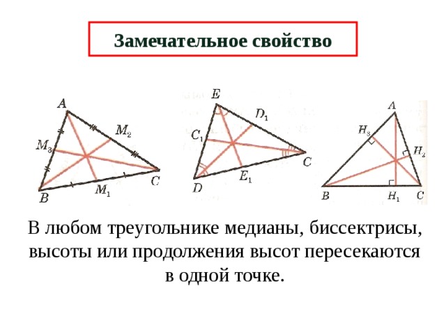 Замечательное свойство В любом треугольнике медианы, биссектрисы, высоты или продолжения высот пересекаются в одной точке. 6