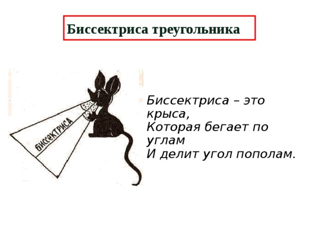 Биссектриса треугольника Биссектриса – это крыса,  Которая бегает по углам  И делит угол пополам. 6
