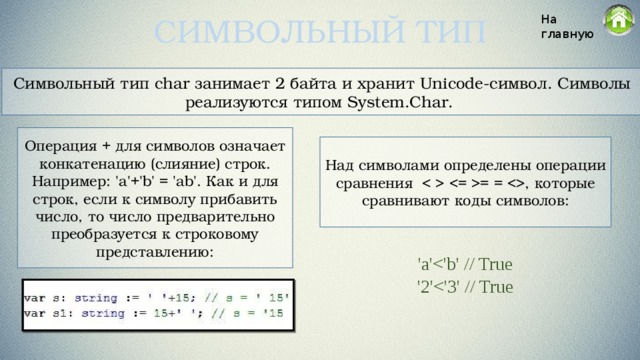 Символьный тип На главную Символьный тип char занимает 2 байта и хранит Unicode-символ. Символы реализуются типом System.Char. Операция + для символов означает конкатенацию (слияние) строк. Например: 'a'+'b' = 'ab'. Как и для строк, если к символу прибавить число, то число предварительно преобразуется к строковому представлению: Над символами определены операции сравнения  = = , которые сравнивают коды символов: 'a''2'<'3' // True