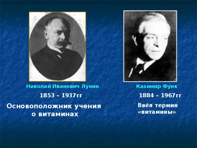 Николай Иванович Лунин Казимир Функ 1853 – 1937гг 1884 – 1967гг Ввёл термин «витамины» Основоположник учения о витаминах