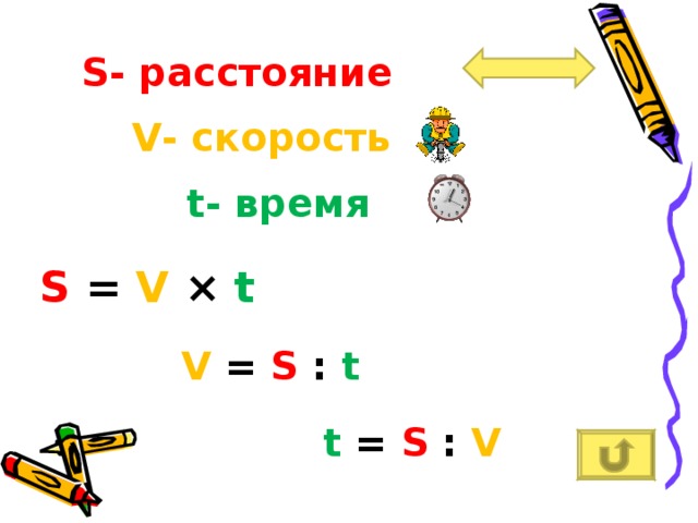 S - расстояние V - скорость t - время S = V × t V = S  :  t t = S :  V