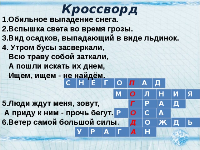 Кроссворд 1.Обильное выпадение снега. 2.Вспышка света во время грозы. 3.Вид осадков, выпадающий в виде льдинок. 4. Утром бусы засверкали,  Всю траву собой заткали,  А пошли искать их днем,  Ищем, ищем - не найдём.   5.Люди ждут меня, зовут,  А приду к ним - прочь бегут. 6.Ветер самой большой силы . С Н Е Г О П А Д М О Л Н И Я Г Р А Д Р О С А Д О Ж Д Ь У Р А Г А Н