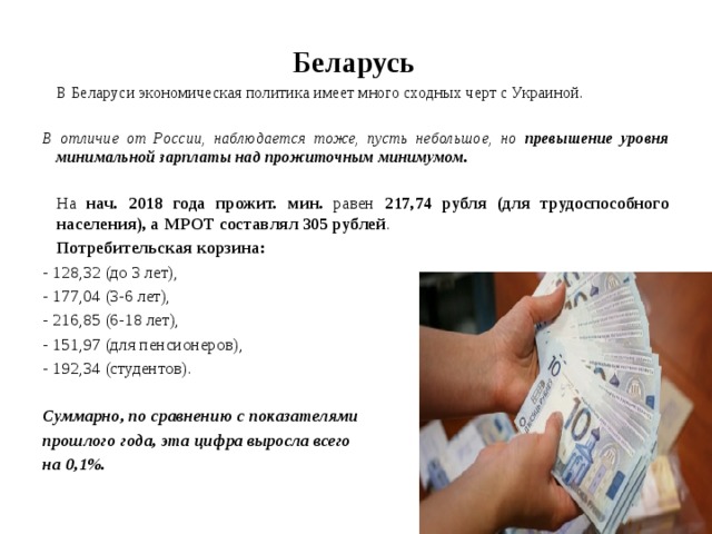Беларусь   В Беларуси экономическая политика имеет много сходных черт с Украиной.  В отличие от России, наблюдается тоже, пусть небольшое, но превышение уровня минимальной зарплаты над прожиточным минимумом.  На нач. 2018 года  прожит. мин. равен 217,74 рубля (для трудоспособного населения), а МРОТ составлял 305 рублей .  Потребительская корзина:  - 128,32 (до 3 лет), - 177,04 (3-6 лет), - 216,85 (6-18 лет), - 151,97 (для пенсионеров), - 192,34 (студентов).  Суммарно, по сравнению с показателями прошлого года, эта цифра выросла всего на 0,1%.