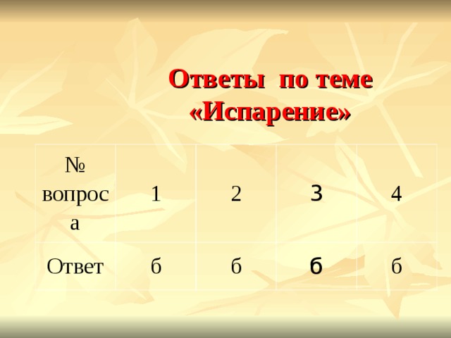 Ответы по теме «Испарение»   № вопроса Ответ 1 2 б 3 б 4 б б