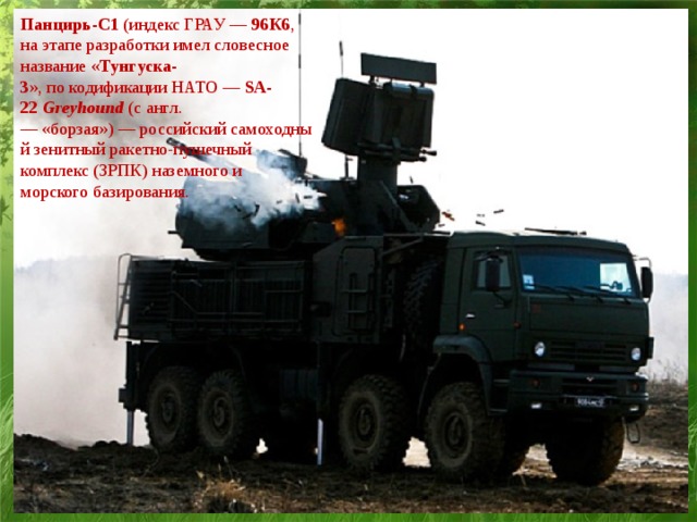 Панцирь-С1  (индекс ГРАУ —  96К6 , на этапе разработки имел словесное название « Тунгуска-3 », по кодификации НАТО —  SA-22  Greyhound  (с англ.— «борзая») — российский самоходный зенитный ракетно-пушечный комплекс (ЗРПК) наземного и морского базирования.