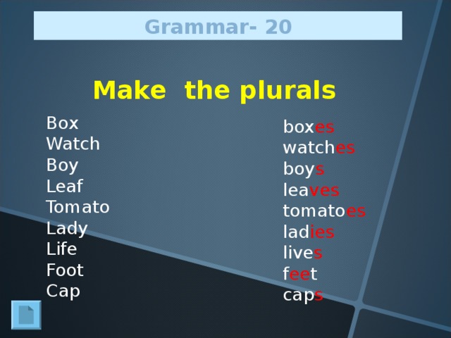 Grammar - 20 Make the plurals Box    Watch   Boy    Leaf Tomato   Lady    Life    Foot    Cap      box es  watch es  boy s  lea ves  tomato es  lad ies  live s  f ee t  cap s