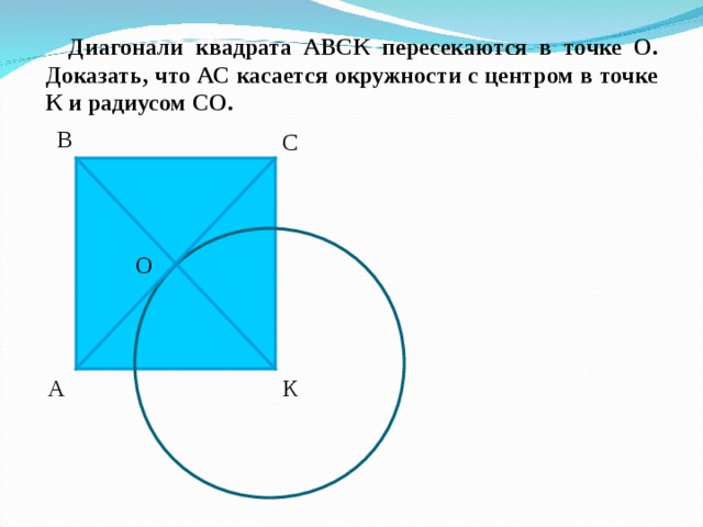 Диагонали квадрата АВСК пересекаются в точке О. Доказать, что АС касается окружности с центром в точке К и радиусом СО. В С О А К