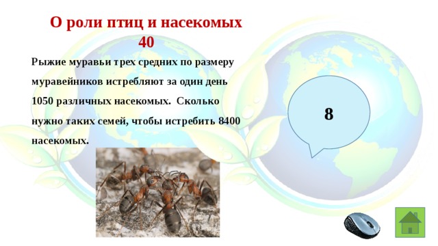 О роли птиц и насекомых 40 Рыжие муравьи трех средних по размеру муравейников истребляют за один день 1050 различных насекомых. Сколько нужно таких семей, чтобы истребить 8400 насекомых. 8