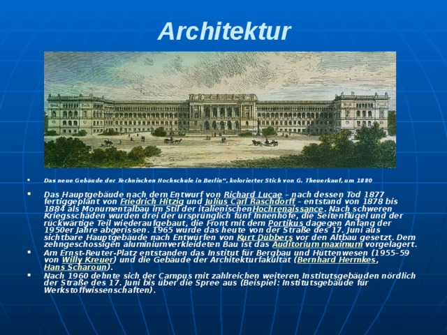 Architektur   Das neue Gebäude der Technischen Hochschule in Berlin“, kolorierter Stich von G. Theuerkauf, um 1880