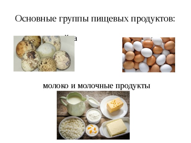Основные группы пищевых продуктов:      яйца     молоко и молочные продукты