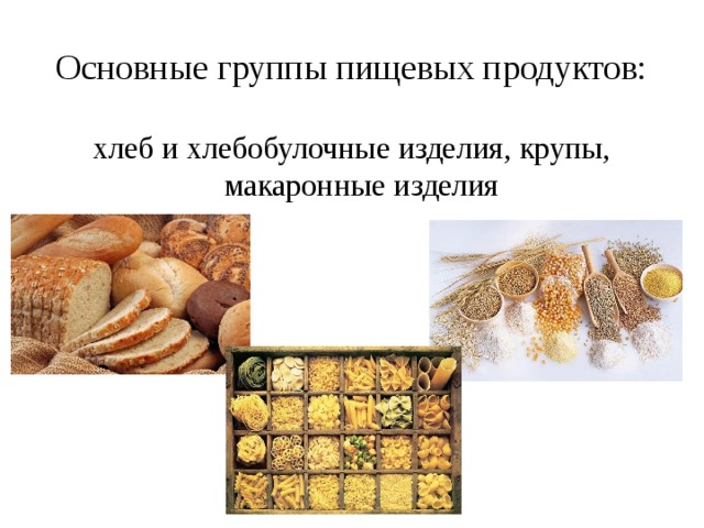Основные группы пищевых продуктов: хлеб и хлебобулочные изделия, крупы, макаронные изделия