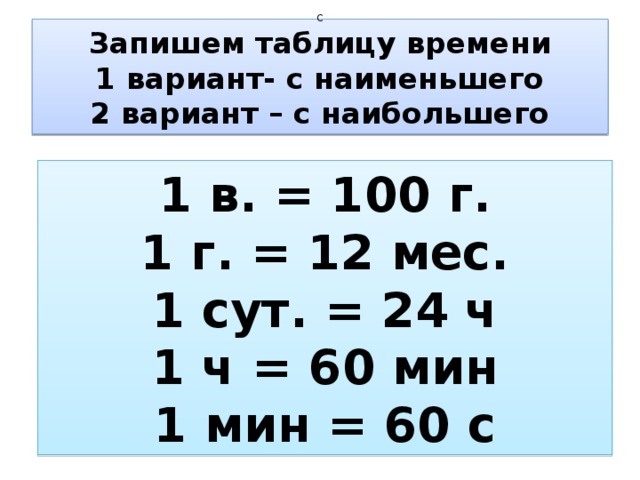 с Запишем таблицу времени  1 вариант- с наименьшего  2 вариант – с наибольшего 1 в. = 100 г. 1 г. = 12 мес. 1 сут. = 24 ч 1 ч = 60 мин 1 мин = 60 с