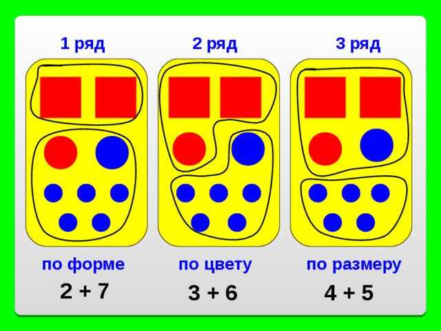 2 ряд 3 ряд 1 ряд по размеру по цвету по форме 2 + 7 3 + 6 4 + 5