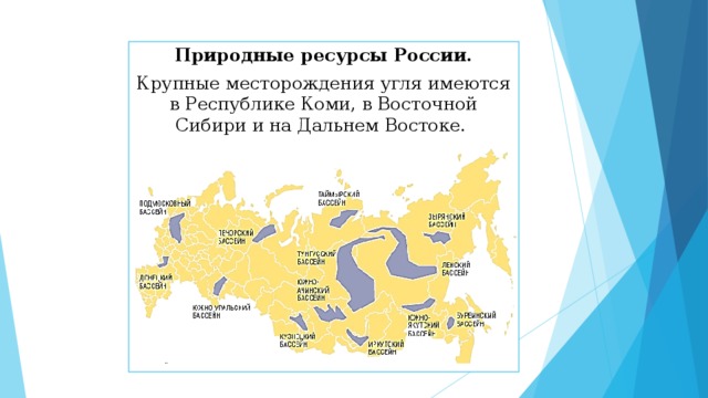 Природные ресурсы России. Крупные месторождения угля имеются в Республике Коми, в Восточной Сибири и на Дальнем Востоке.