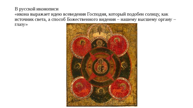 В русской иконописи  «икона выражает идею всеведения Господня, который подобен солнцу, как источник света, а способ Божественного видения – нашему высшему органу – глазу»