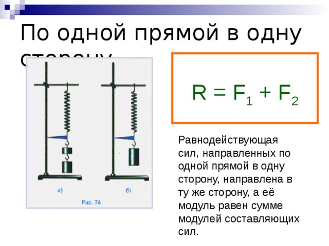 По одной прямой в одну сторону. R = F 1 + F 2 Равнодействующая сил, направленных по одной прямой в одну сторону, направлена в ту же сторону, а её модуль равен сумме модулей составляющих сил.