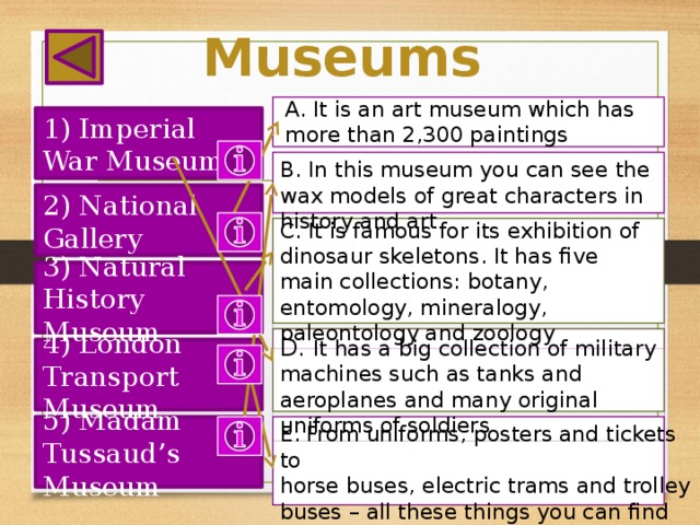 Museums A. It is an art museum which has more than 2,300 paintings 1) Imperial War Museum B. In this museum you can see the wax models of great characters in history and art 2) National Gallery C. It is famous for its exhibition of dinosaur skeletons. It has five main collections: botany, entomology, mineralogy, paleontology and zoology 3) Natural History Museum D. It has a big collection of military machines such as tanks and aeroplanes and many original uniforms of soldiers 4) London Transport Museum E. From uniforms, posters and tickets to 5) Madam Tussaud’s Museum horse buses, electric trams and trolley buses – all these things you can find in this museum