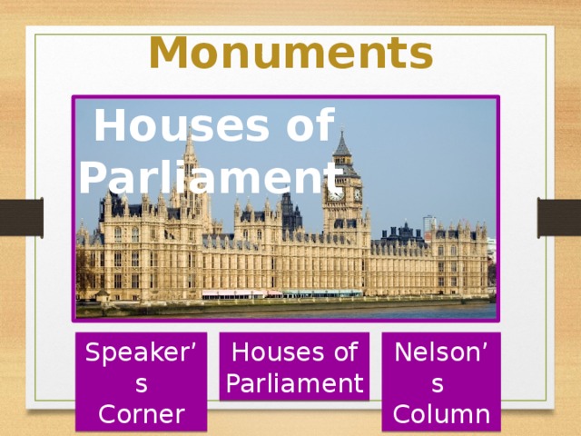 Monuments  Houses of Parliament Speaker’s Houses of Nelson’s Corner Parliament Column