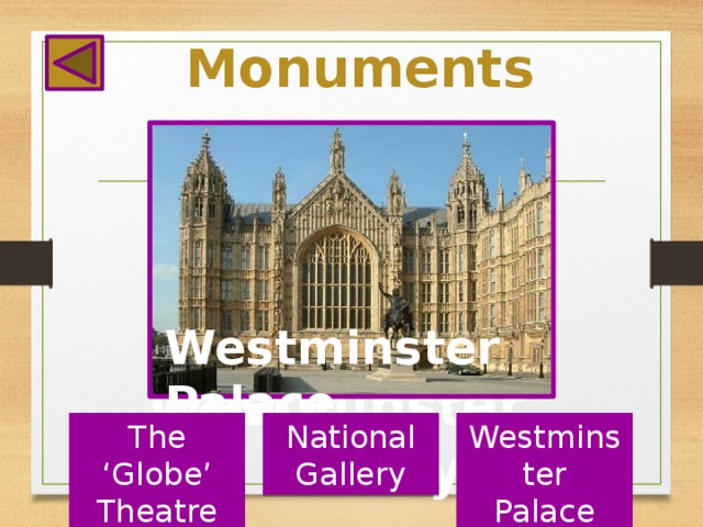 Monuments Westminster Palace Westminster  Abbey The ‘Globe’ National Westminster Theatre Gallery Palace