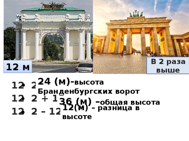 - В 2 раза выше 12 м 12 2= 12 2 + 12= 12 2 – 12 = 24 (м)- высота Бранденбургских ворот 36 (м) – общая высота 12(м) – разница в высоте