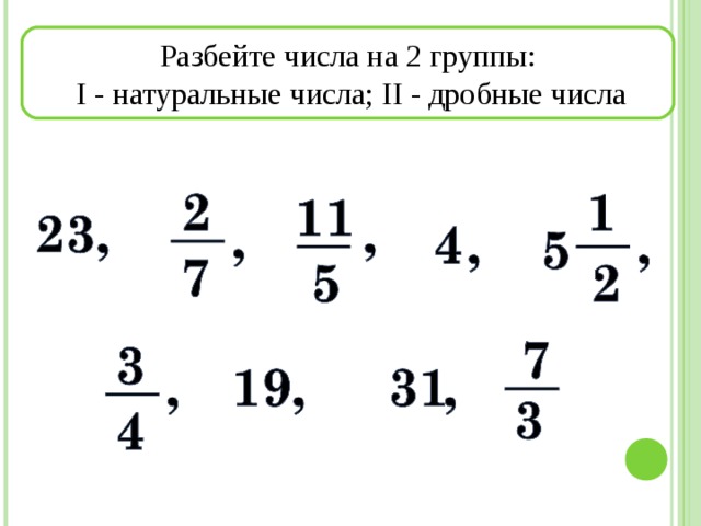Разбейте числа на 2 группы:  I - натуральные числа; II - дробные числа