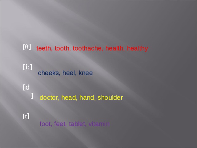 [ θ ] [i:] [d] [ t ] teeth, tooth, toothache, health, healthy cheeks, heel, knee doctor, head, hand, shoulder foot, feet, tablet, vitamin