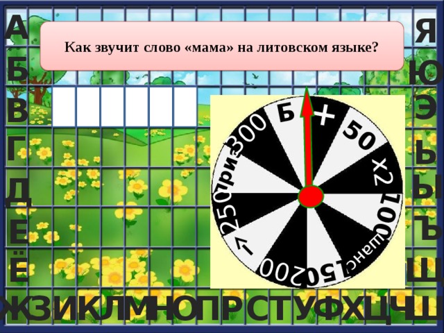 Б 300 250 приз 200 150 шанс 100 х2 50 + А Я Как звучит слово «мама» на литовском языке? Б Ю Э Э И Т М А М  В Г Ь Ы Д Ъ Е Щ Ё Ж Т З С О Н К И Р Л М Ш Ч Ц Х Ф У П