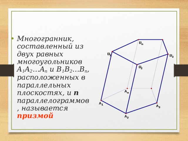 Многогранник, составленный из двух равных многоугольников A 1 A 2 …A n и B 1 B 2 …B n , расположенных в параллельных плоскостях, и n параллелограммов, называется призмой