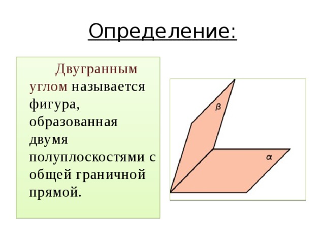 Определение:  Двугранным углом называется фигура, образованная двумя полуплоскостями с общей граничной прямой.