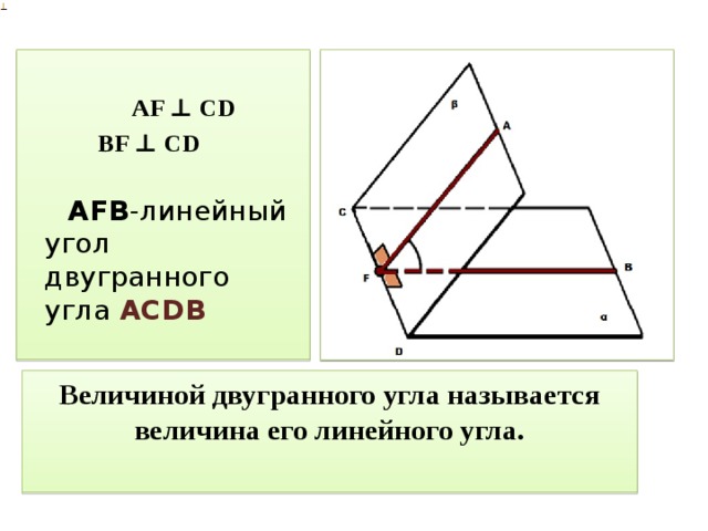AF ⊥ CD  BF ⊥ CD  AFB -линейный угол двугранного угла  ACDВ Величиной двугранного угла называется величина его линейного угла.