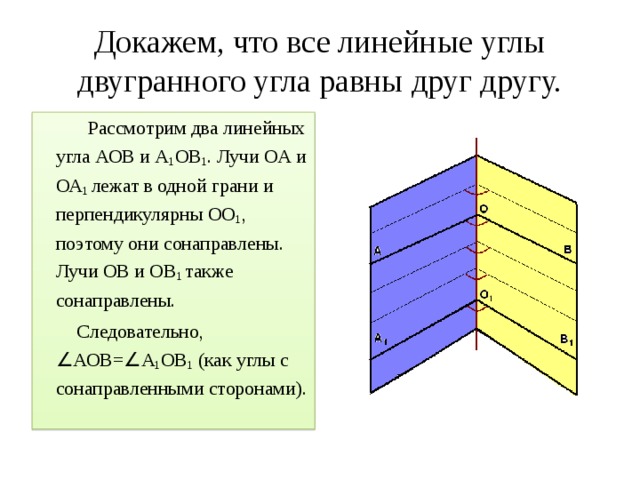 Докажем, что все линейные углы двугранного угла равны друг другу.  Рассмотрим два линейных угла АОВ и А 1 ОВ 1 . Лучи ОА и ОА 1 лежат в одной грани и перпендикулярны ОО 1 , поэтому они сонаправлены. Лучи ОВ и ОВ 1 также сонаправлены.  Следовательно, ∠ АОВ= ∠ А 1 ОВ 1 (как углы с сонаправленными сторонами).