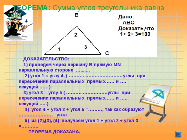 ТЕОРЕМА: Сумма углов треугольника равна 180 0 .   ДОКАЗАТЕЛЬСТВО: 1) проведём через вершину В прямую MN параллельную стороне ….......  2) угол 1 = углу 4, ( ………. ……………………углы при пересечении параллельных прямых…… и …. секущей ……) 3) угол 3 = углу 5 ( ………. …………….углы при пересечении параллельных прямых…… и ….. секущей …..)  4) угол 4 + угол 2 + угол 5 =………, так как образуют …………………. угол  5) из (2),(3), (4) получаем угол 1 + угол 2 + угол 3 = =………..  ТЕОРЕМА ДОКАЗАНА.