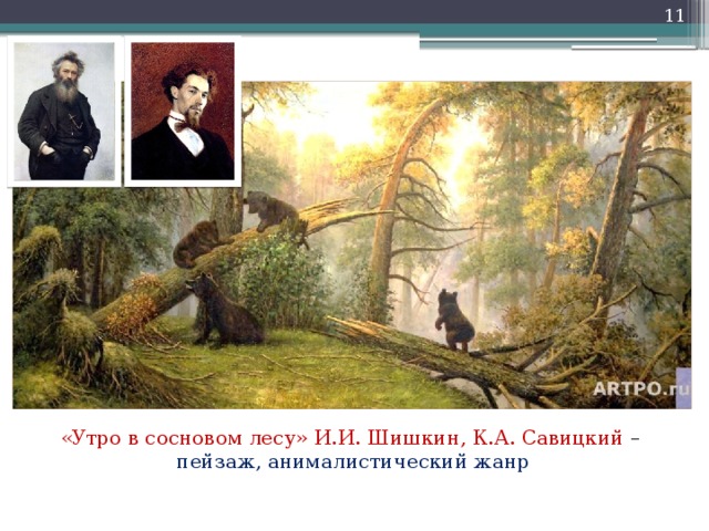 «Утро в сосновом лесу» И.И. Шишкин, К.А. Савицкий – пейзаж, анималистический жанр