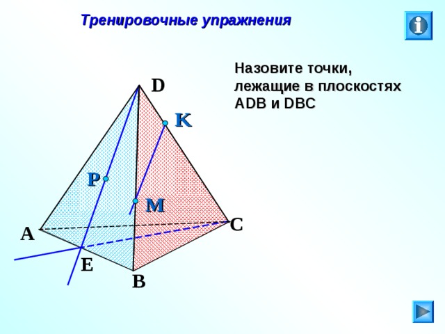 Тренировочные упражнения Назовите точки, лежащие в плоскостях А DB и DBC D K P M C Л.С. Атанасян. Геометрия 10-11. № 8. A E B 26